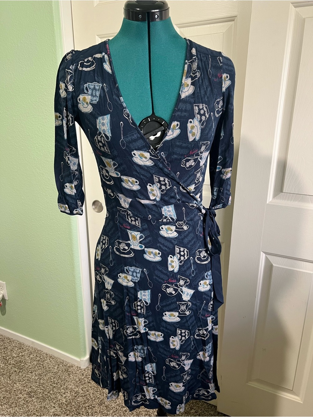 Ness Edinburgh Navy Tea Cup Print Wrap Dress